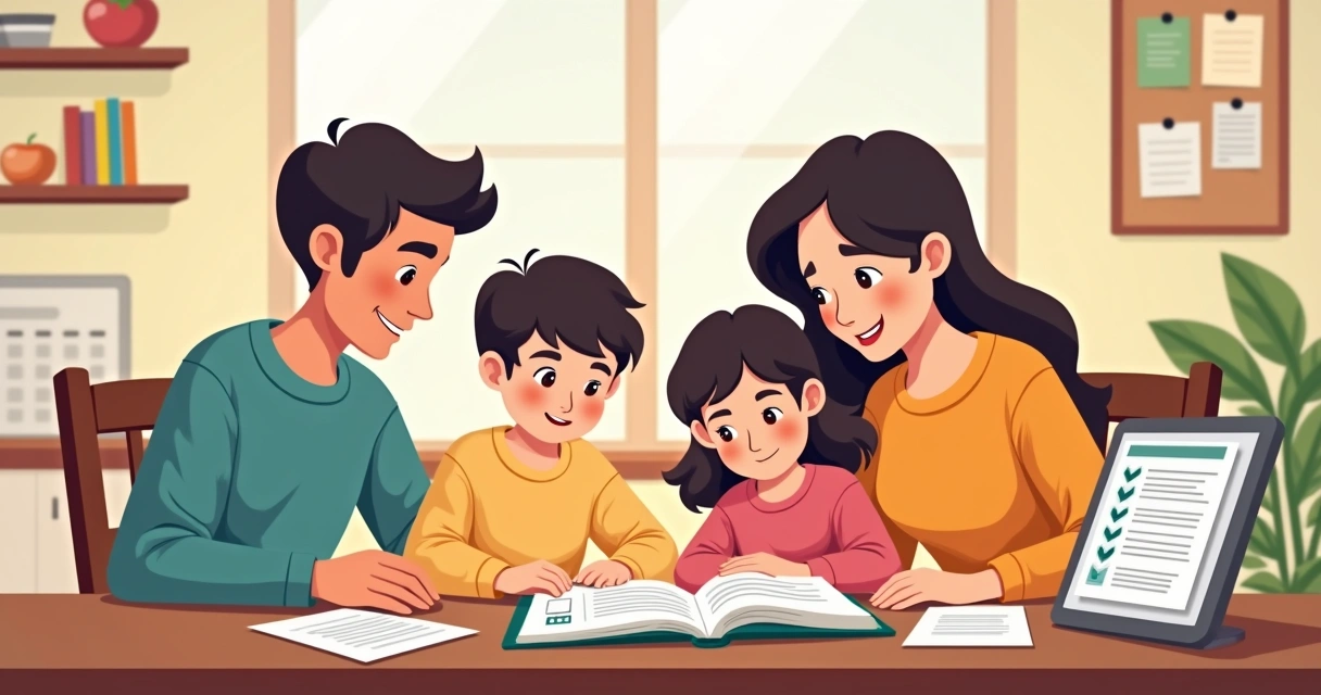 Família consultando instruções de seguro de vida em casa 