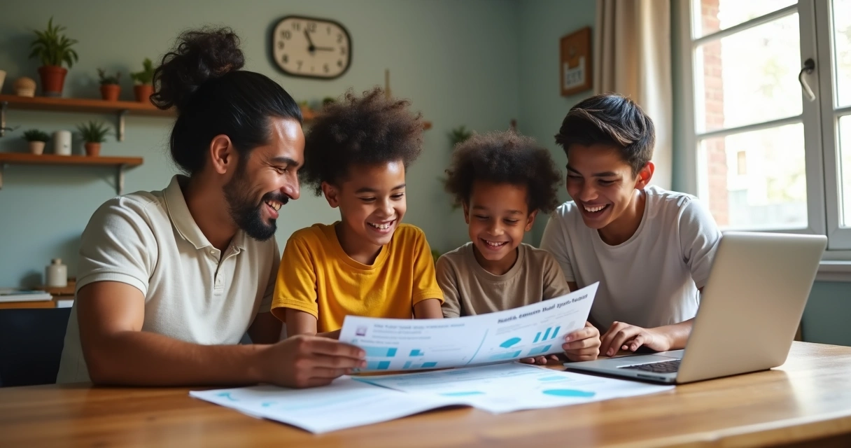Família reunida, olhando para papéis com tabela de plano de saúde 