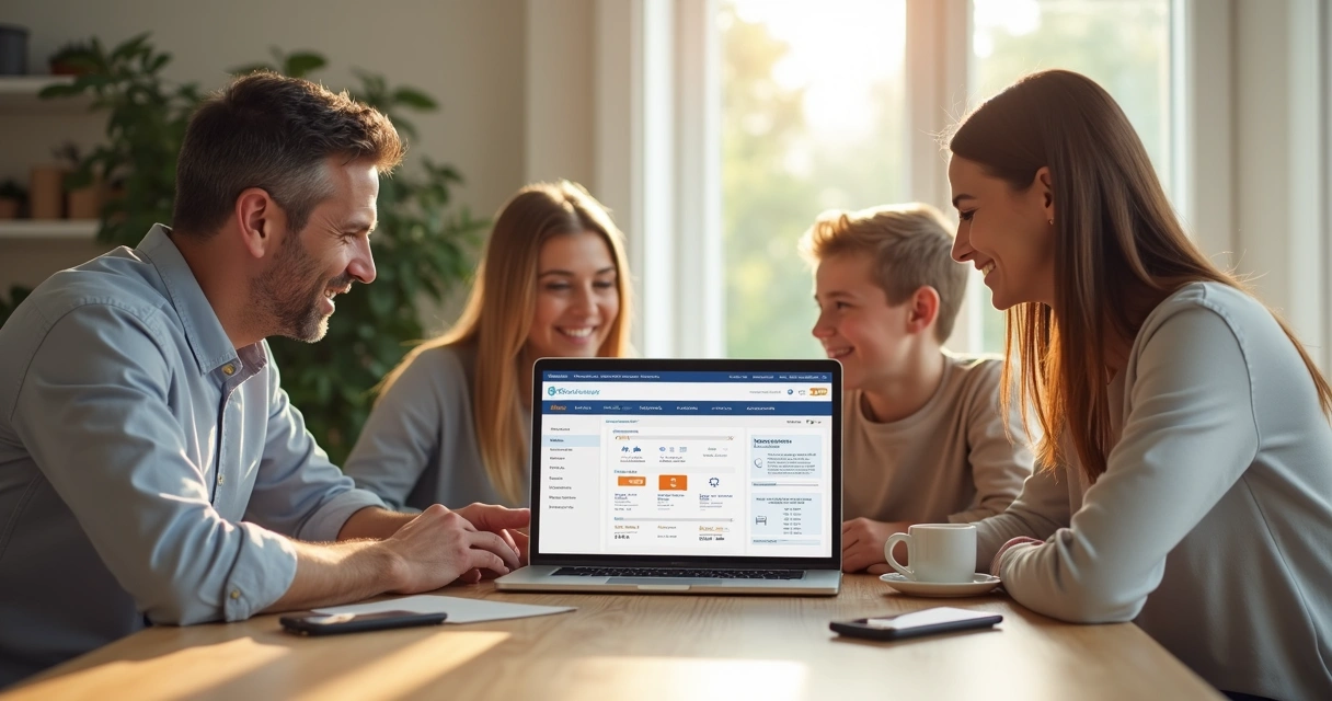 Família reunida consultando informações sobre plano de saúde em um laptop sobre mesa de madeira clara 