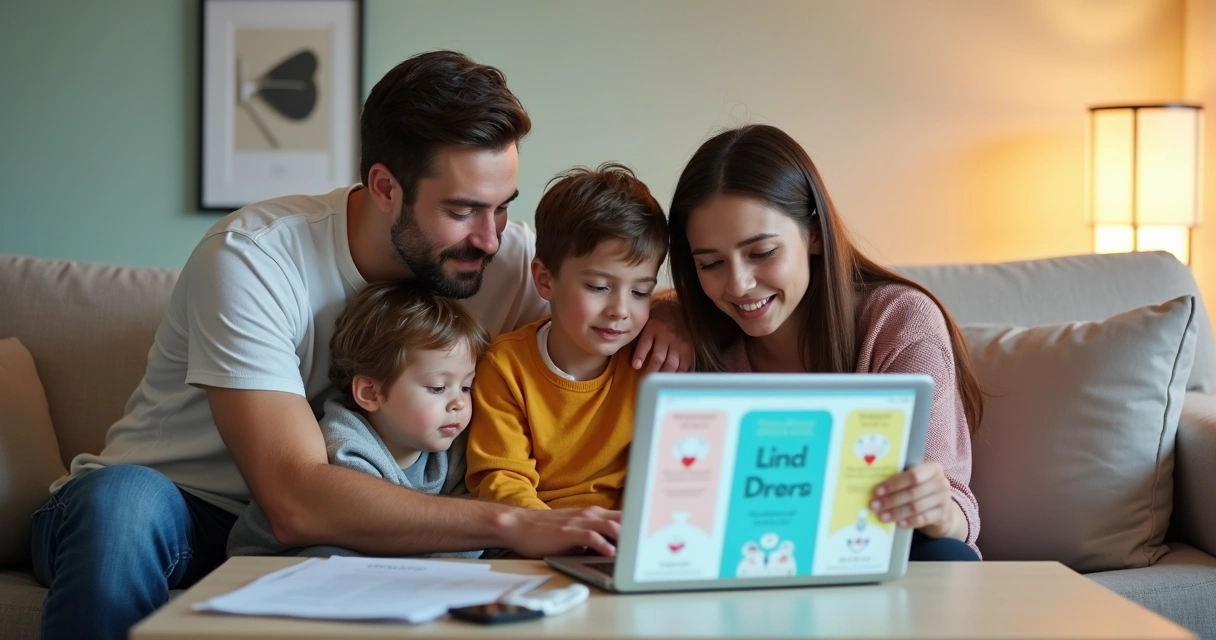 Família feliz reunida consultando opções de plano de saúde infantil no laptop 