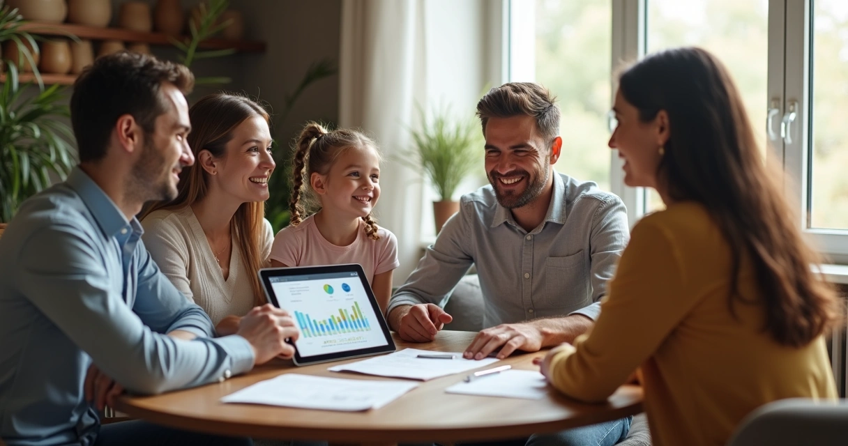 Família reunida conversando com consultor financeiro