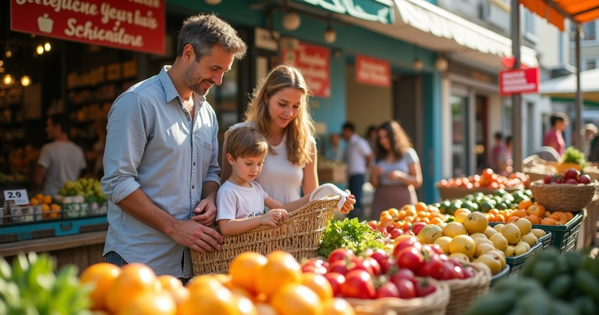 Familia comprando en un mercado local 