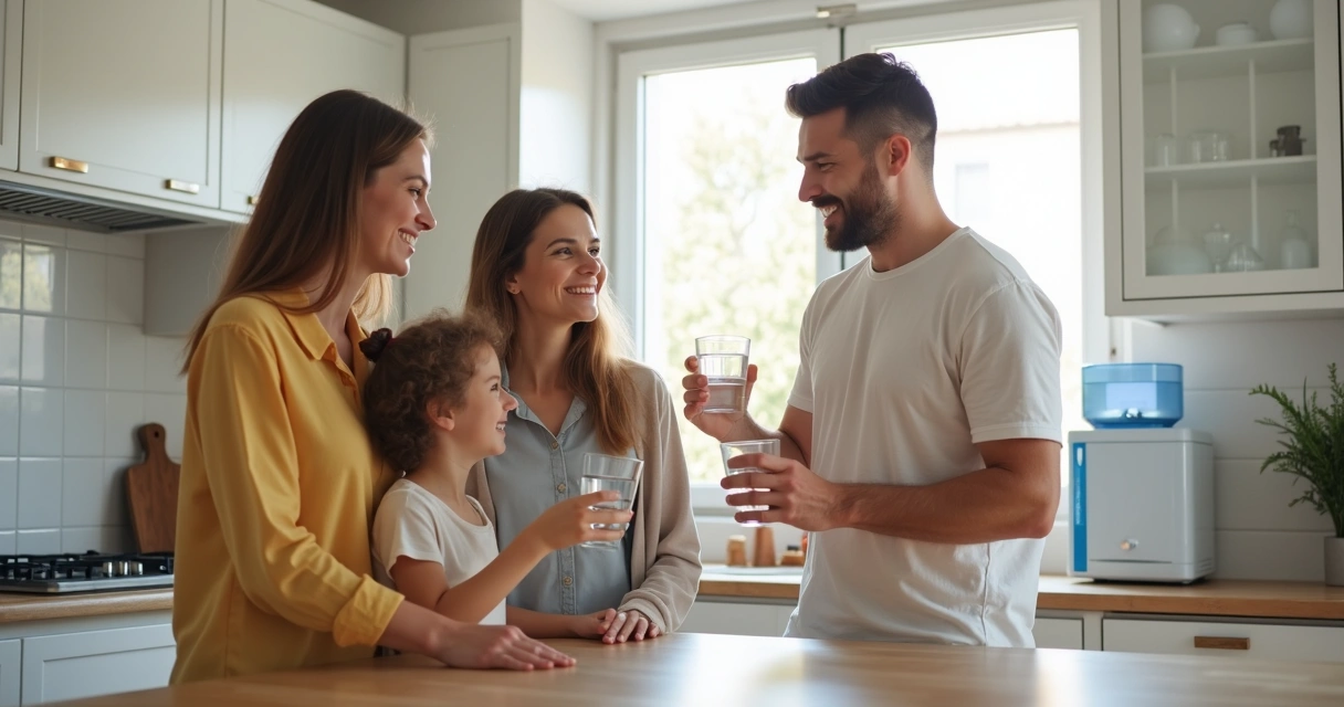 Família reunida consumindo água filtrada na cozinha 