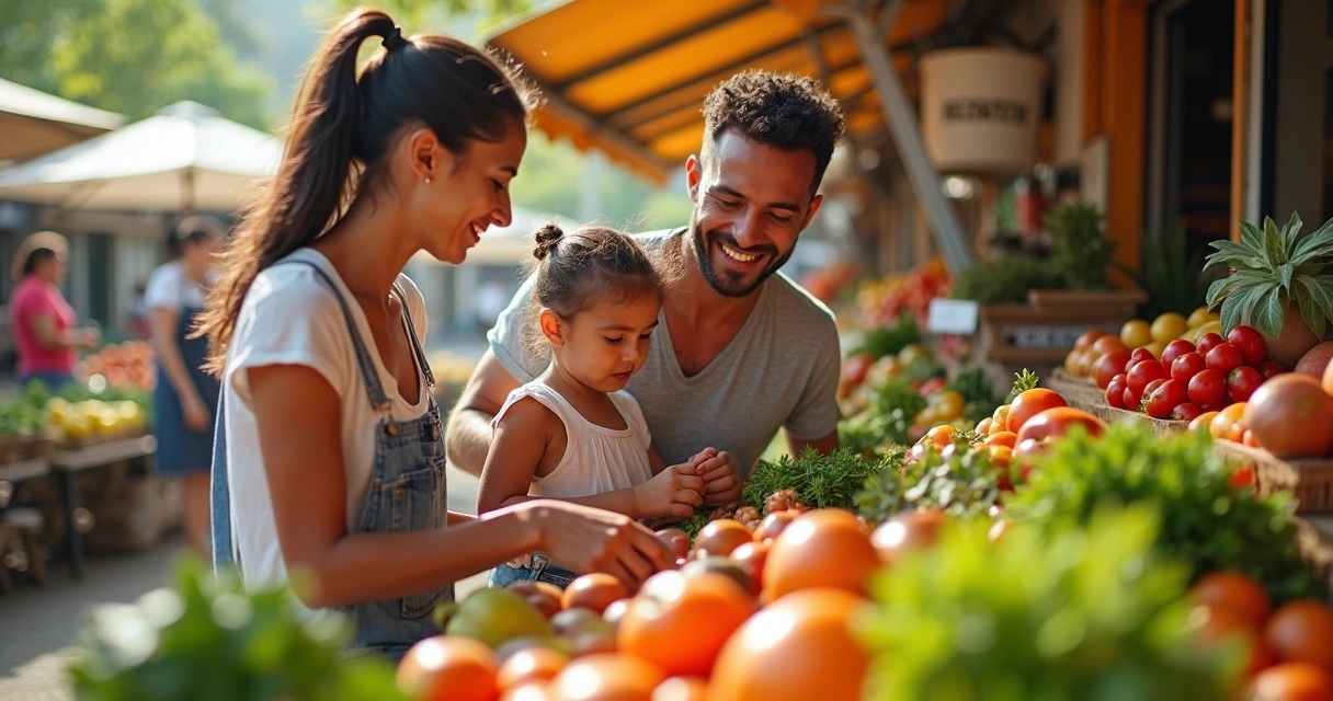 Família brasileira escolhendo alimentos sustentáveis na feira livre 