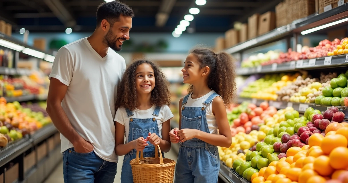 Família reunida em mercado escolhendo frutas 