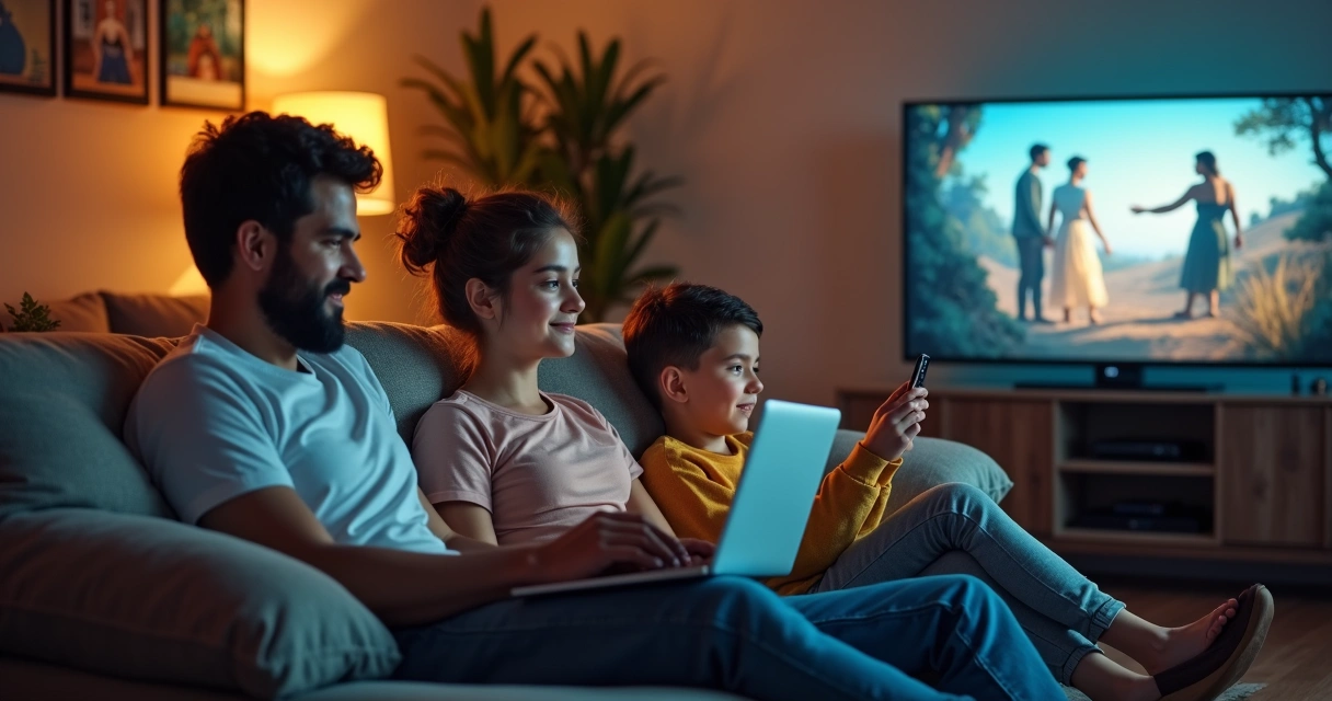 Família consumindo cultura digital em diferentes dispositivos 