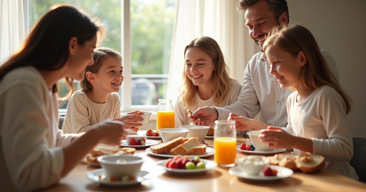 Família reunida tomando café da manhã com iogurte e frutas