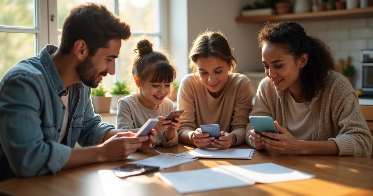 Família analisando juntos sugestões de compras em aplicativo
