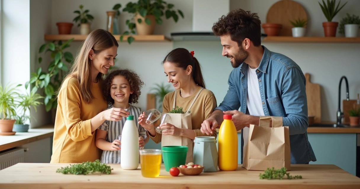 Família fazendo compras conscientes em casa, separando materiais para reciclagem 