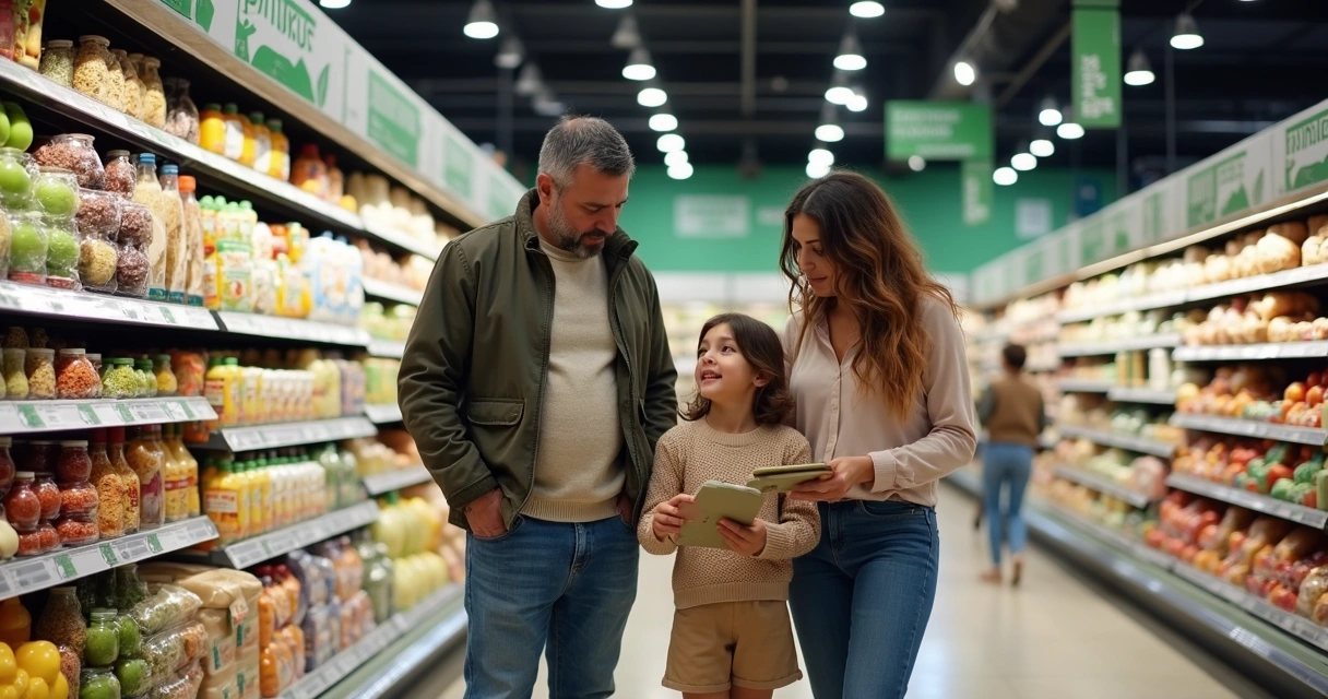 Familia observando productos sostenibles en supermercado moderno