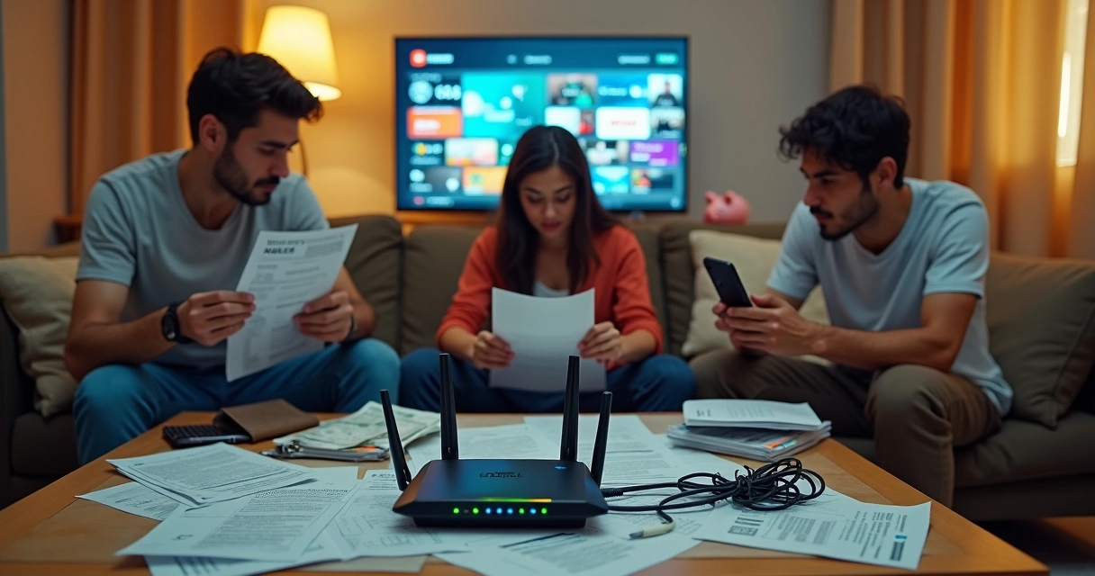 Família analisando conta de internet cara ao lado de roteador e muitas faturas 