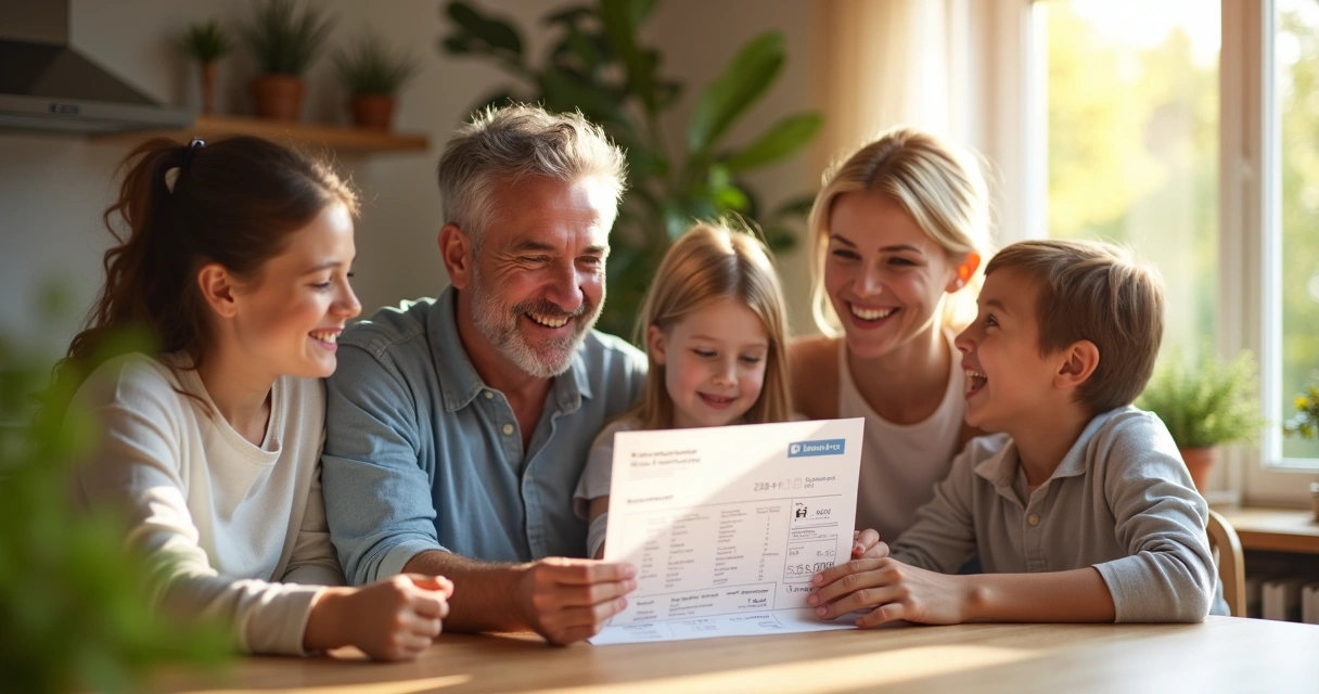 Família reunida olhando para conta de luz com sorriso e alívio 