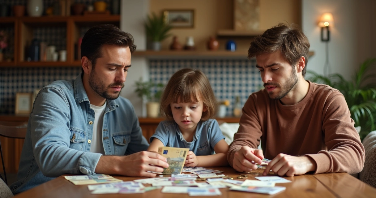 Família contando euros sentada em sala portuguesa