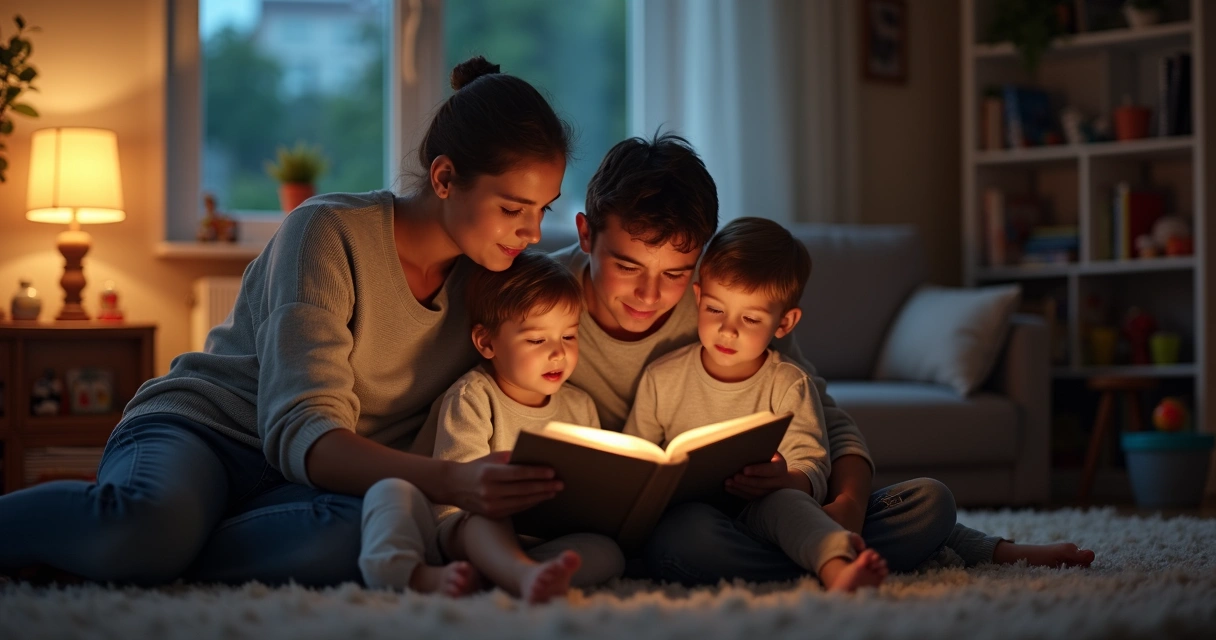 Família reunida lendo um livro de histórias para as crianças 