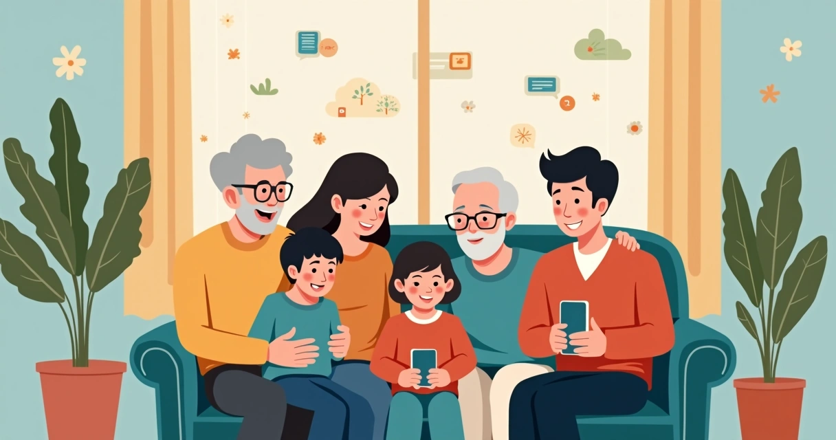 Ilustração corporativa de família reunida compartilhando histórias em ambiente acolhedor com aplicativos digitais ao fundo 