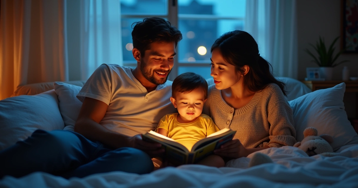 Família reunida contando histórias na cama à noite 