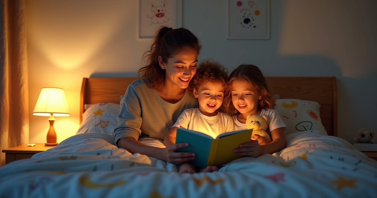 Família contando histórias na cama 