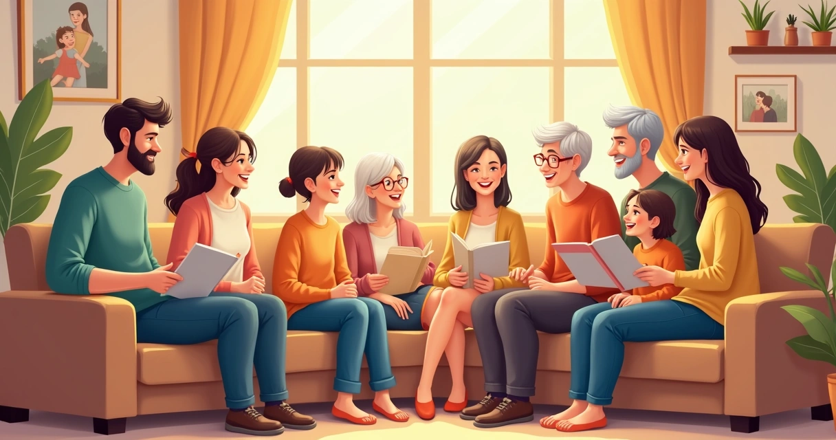 Família reunida em círculo contando histórias juntos 