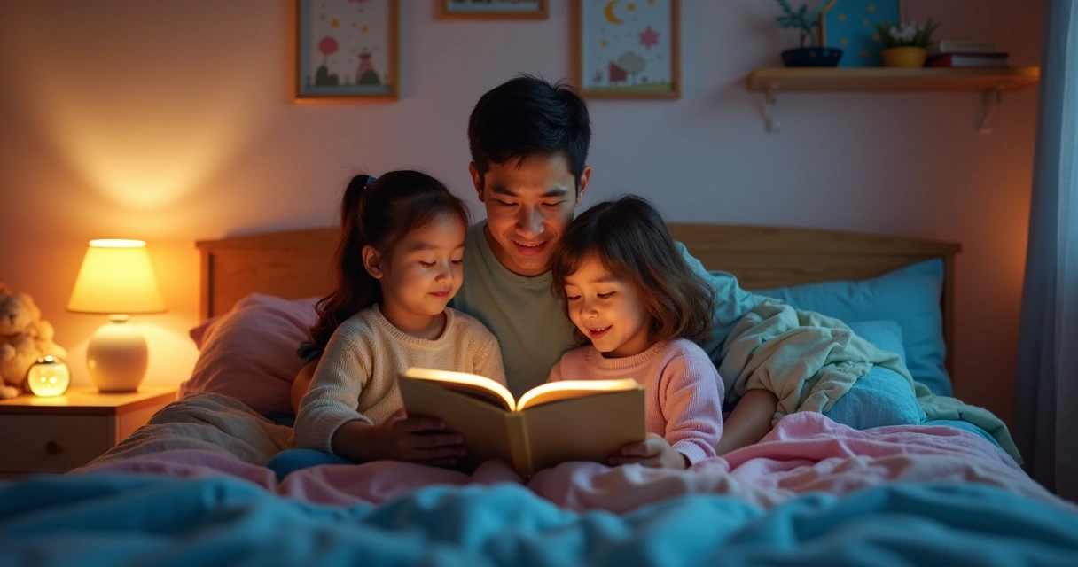 Família reunida no quarto contando histórias para crianças antes de dormir 