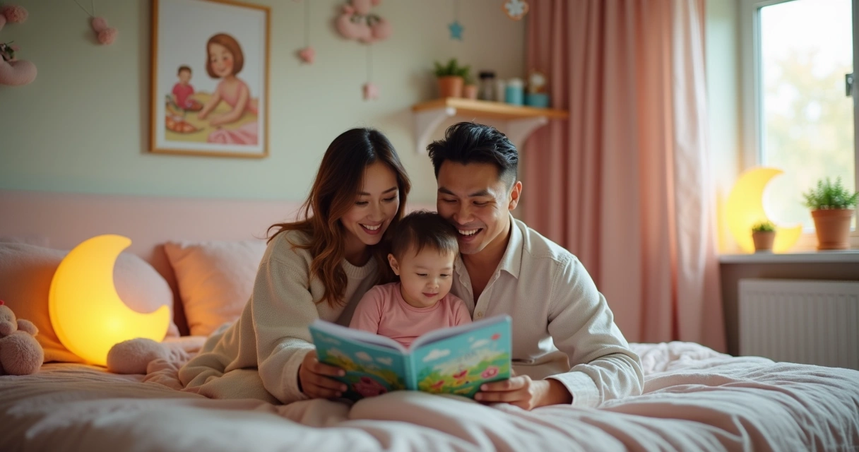Família reunida no quarto contando histórias para criança 