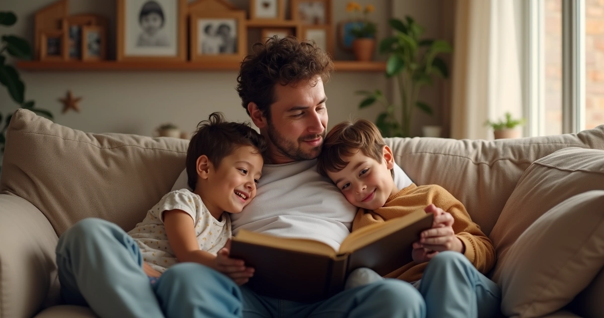 Pai sentado no sofá contando história para dois filhos pequenos 