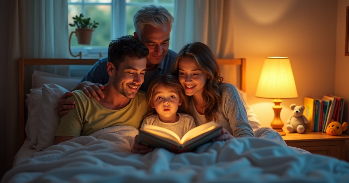 Família reunida em quarto aconchegante lendo historinha para dormir com criança na cama 