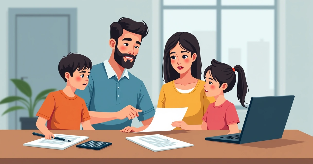 Família com dois adultos e duas crianças analisando apólice de seguro na mesa 