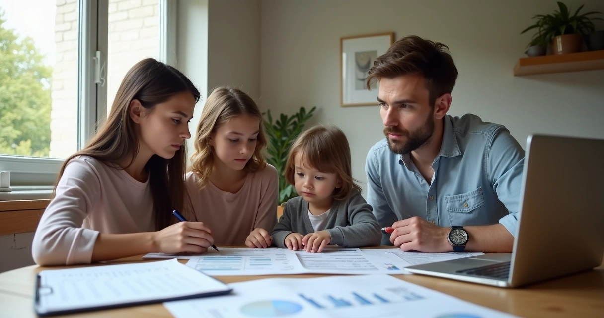 Casal sentado à mesa analisando contrato de aluguel e documentos fiscais 