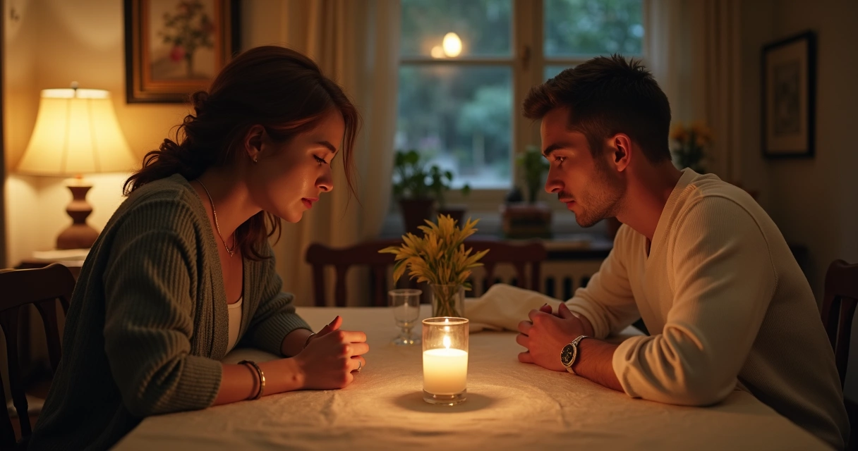 Casal sentado em mesa de jantar olhando para baixo em silêncio, com expressões sérias, em um ambiente doméstico aconchegante 