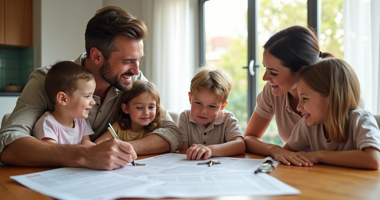 Família reunida assinando contrato de locação residencial 