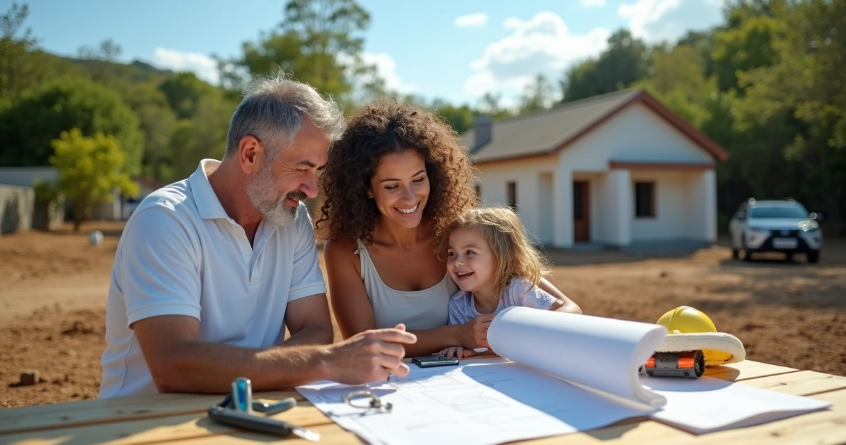 Família brasileira assinando contrato de construção habitacional 