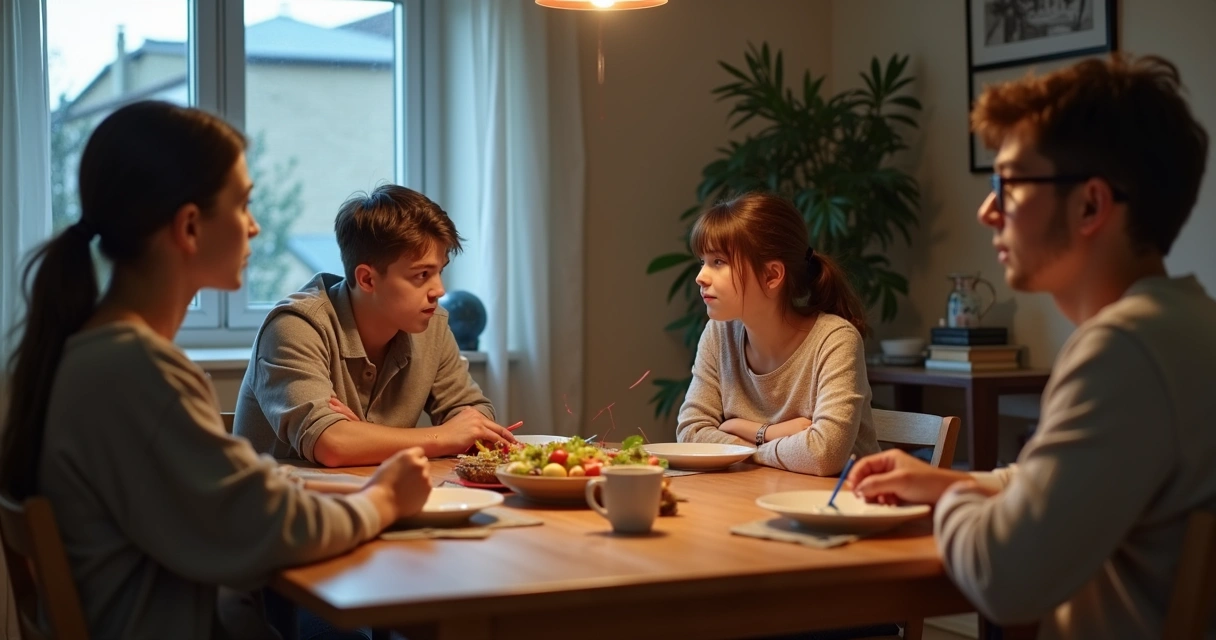 Família sentada à mesa com fios de linha conectando discretamente todos 