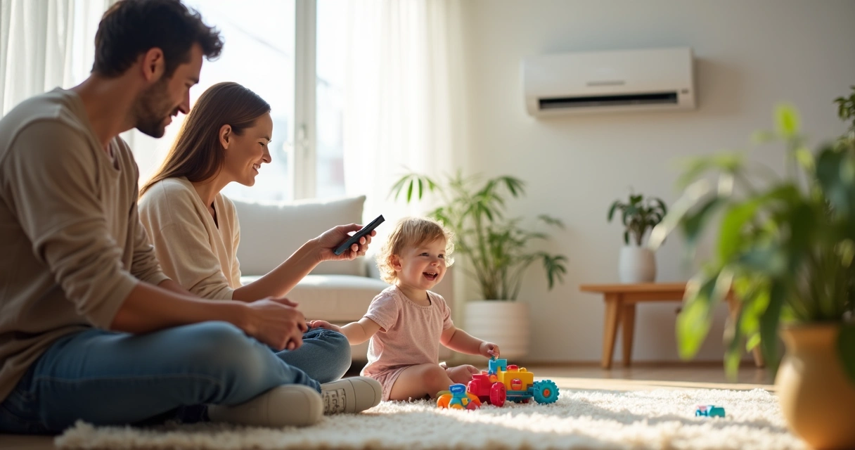 Pais usando controle remoto para regular ar-condicionado enquanto criança brinca no chão 