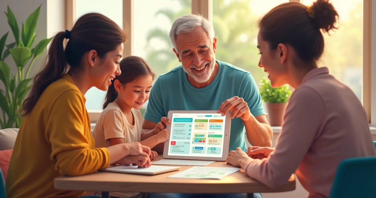 Família analisando juntos controle financeiro digital 