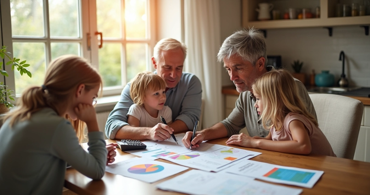 Familia revisando juntos su presupuesto mensual en la mesa 