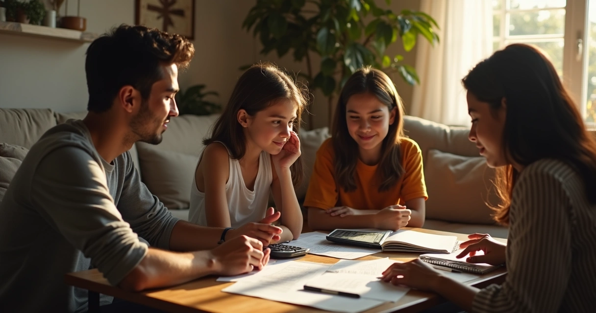 Família organizando finanças com papel e lápis