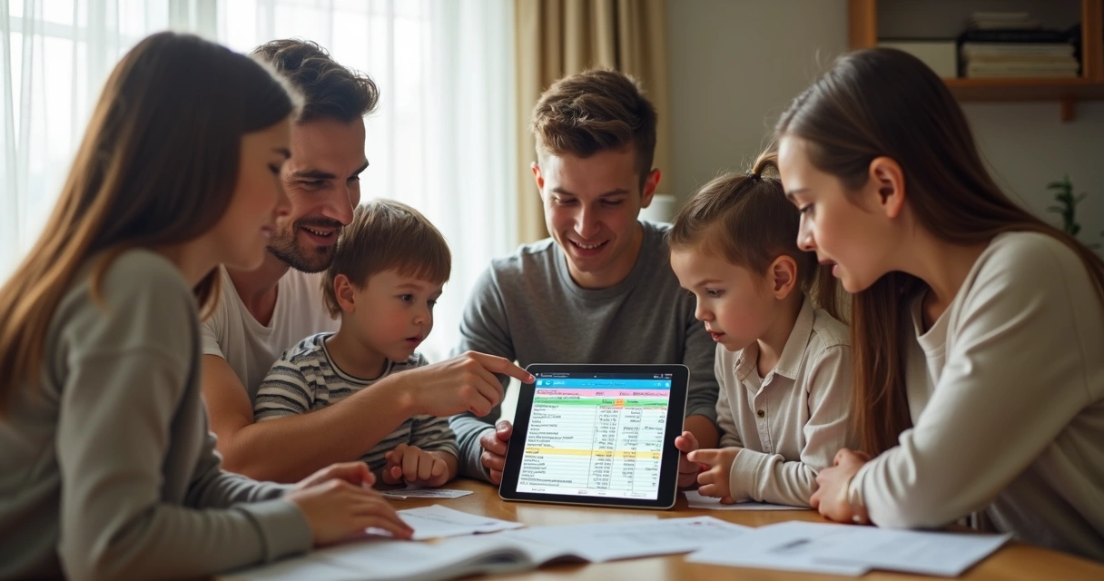 Familia reunida analisando planilha de gastos digitais na sala de estar