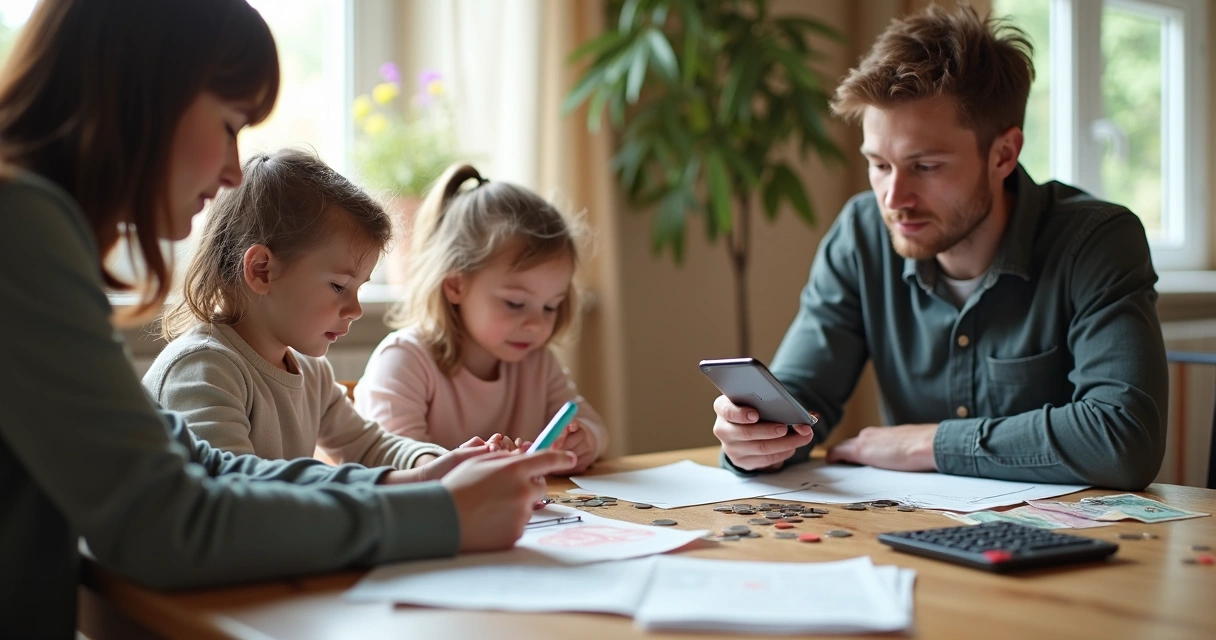 Família reunida em casa analisando notas, moedas e usando celular para controle financeiro