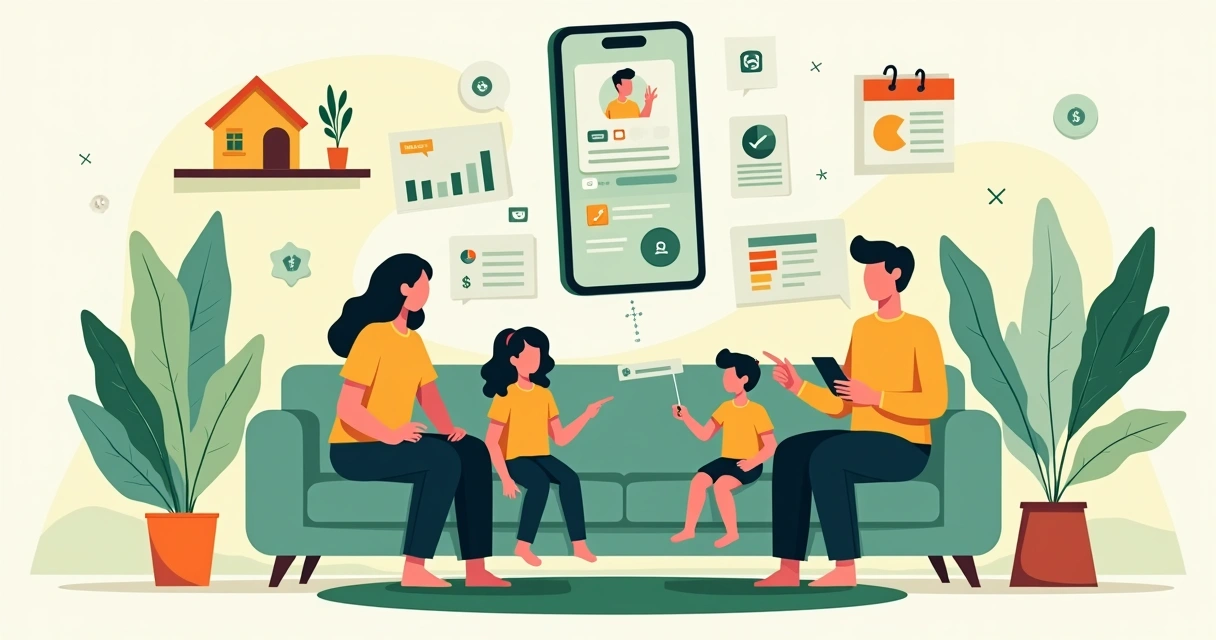 Família usando WhatsApp com assistente virtual para organizar orçamento mensal 