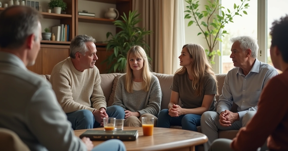 Família sentada em roda conversando em ambiente acolhedor
