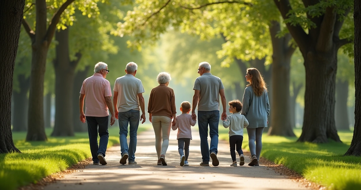 Família andando e conversando em parque 