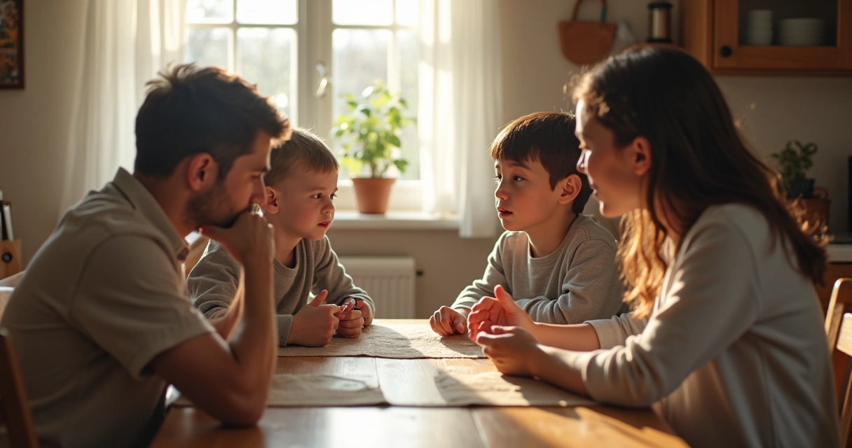 Família sentada ao redor da mesa conversando de maneira atenta 