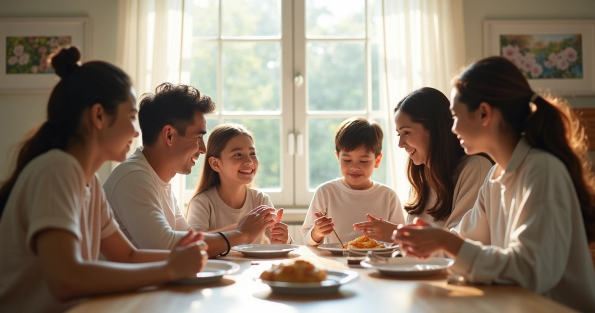 Família sentada à mesa praticando comunicação harmoniosa