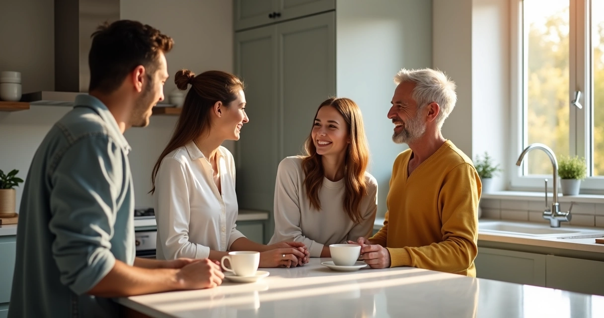 Pais e filhos conversando de forma amistosa na cozinha 