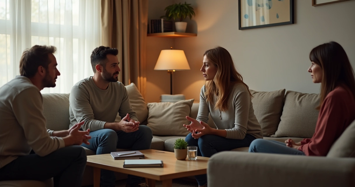 Três familiares sentados em sofá tendo conversa séria com postura aberta e atenta 