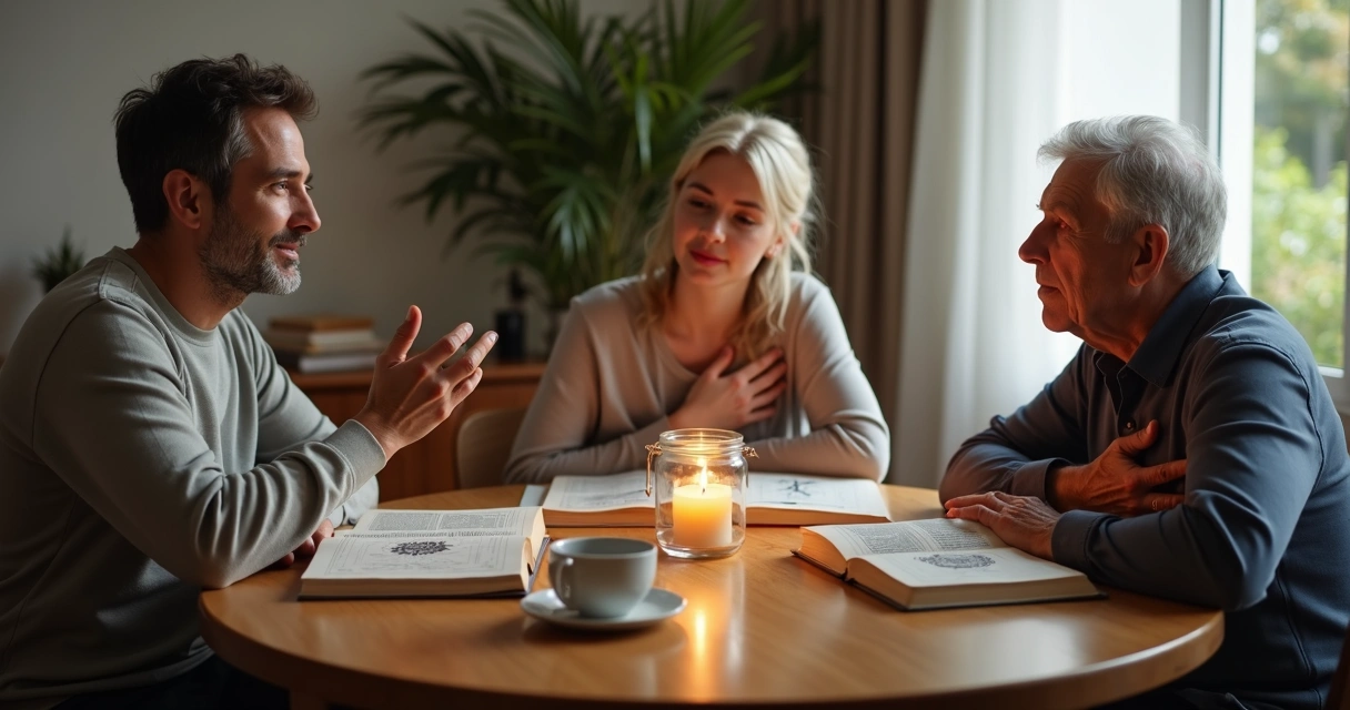 Família em mesa de jantar conversando com respeito sobre espiritualidade 