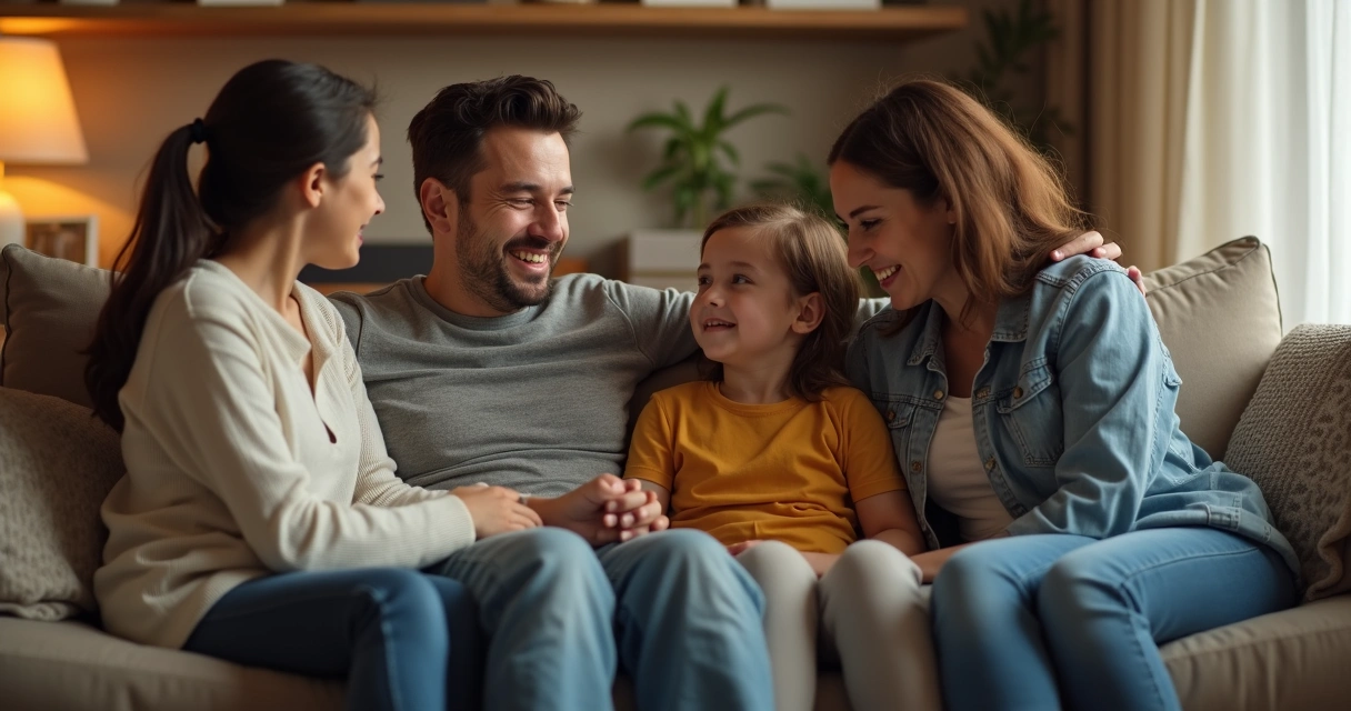 Family sitting together in a cozy living room, expressing emotions openly. 