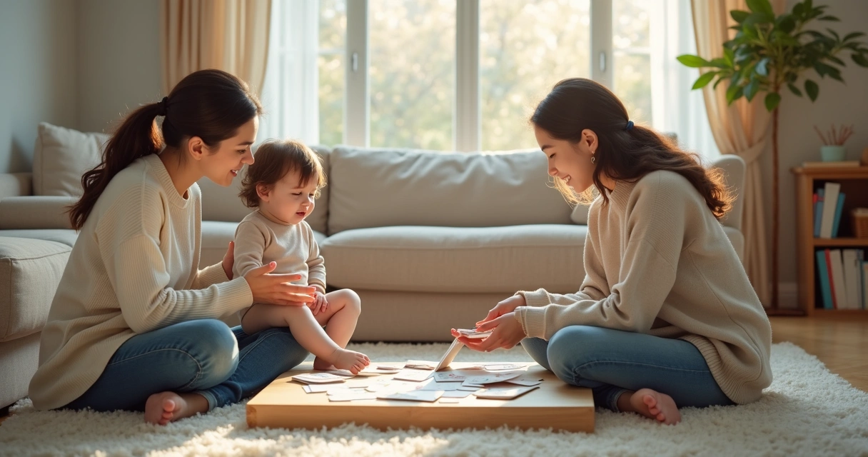 Família conversando com criança na sala