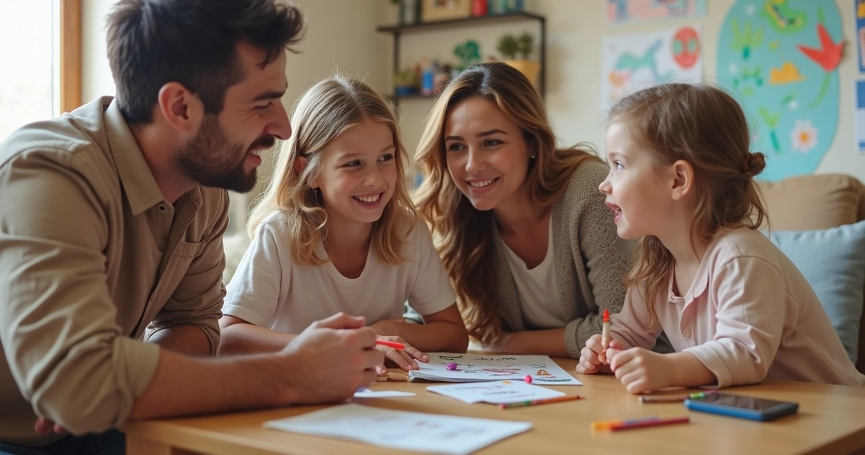Família sentada discursando sobre sentimentos com expressões atentas