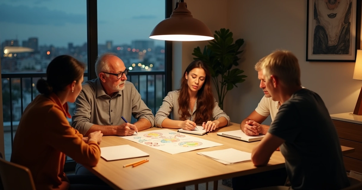 Família de classe média em conversa séria sobre dinheiro à mesa de jantar 